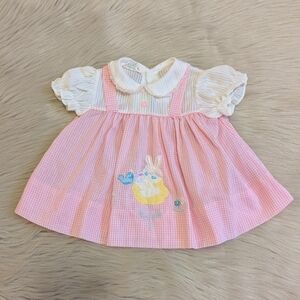 Vintage Candy Cane pink plaid dress with cute bunny and bird sizes 3-6 M